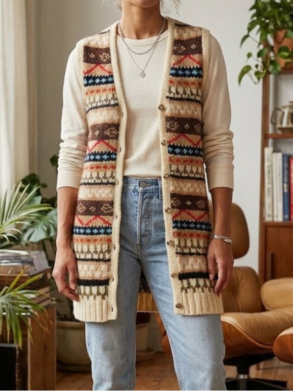 VINTAGE 70βs Sweater Vest Southwestern Fair Isle Buttoned Cardigan Small